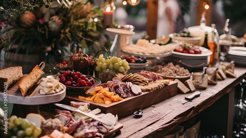 grazing tables. Different food aranged on a table. Wedding festive food.