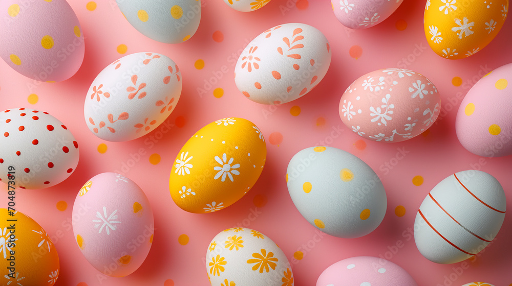 Top view pattern of perfect Easter eggs with whimsical ornaments on a bright background Top view pattern of perfect Easter eggs with whimsical ornaments on a bright background