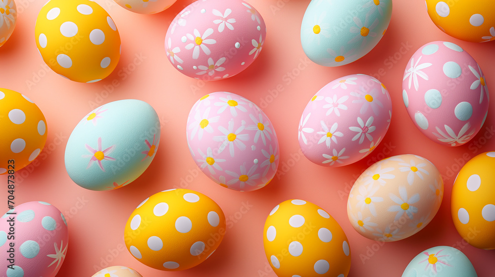  Top view pattern of perfect Easter eggs with whimsical ornaments on a bright background