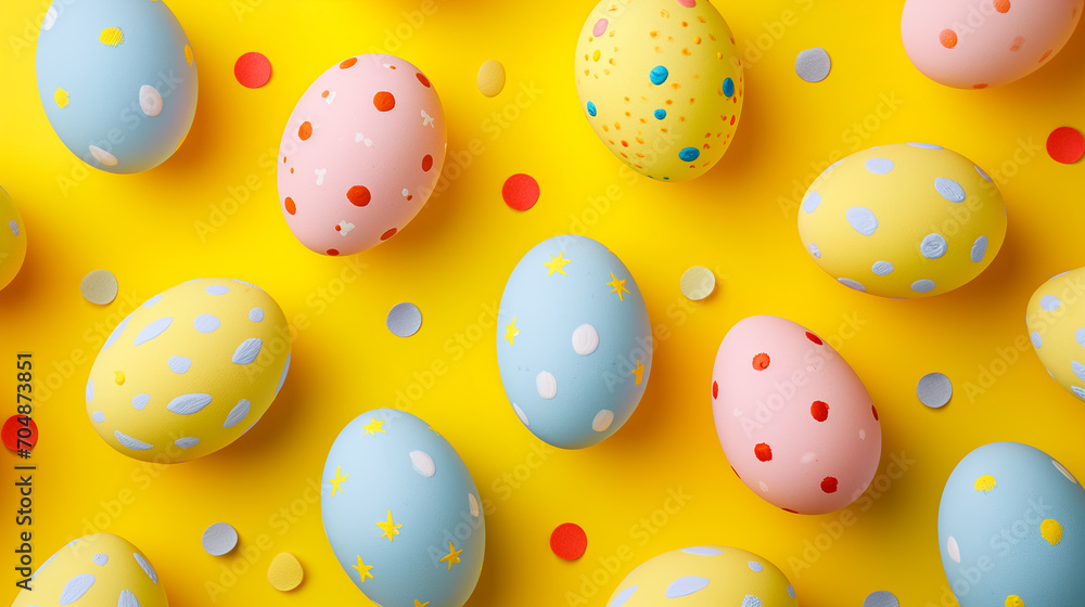  Top view pattern of perfect Easter eggs with whimsical ornaments on a bright background