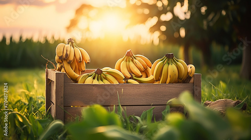 Yellow bananas in to a wooden box over the grass photo