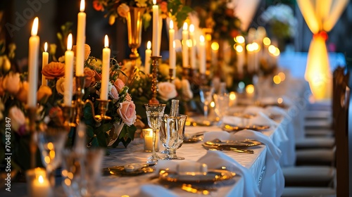 Festive table setting candles for wedding party and dinner. setting table row chair flower reception party photo
