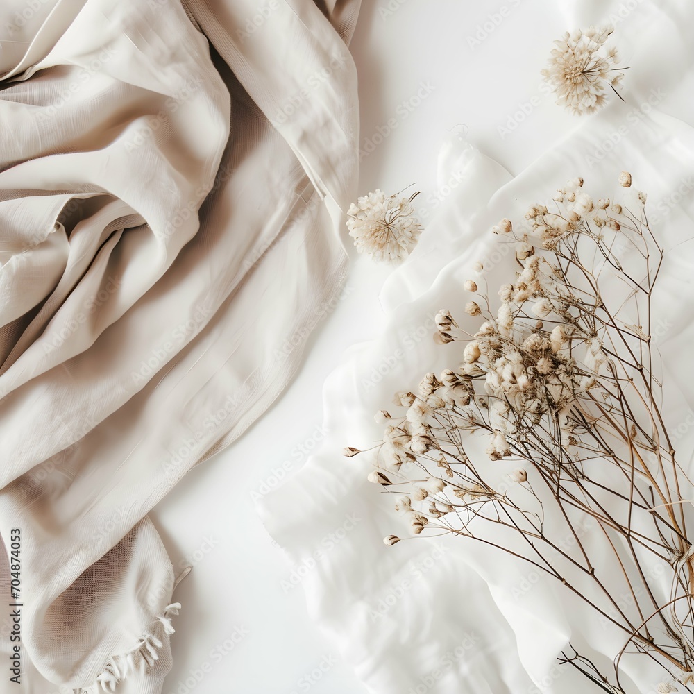 Empty mockup, wedding theme, flat lay background, with blanket on the side background, top view Empty mockup, wedding theme, flat lay background, with blanket on the side background, top view