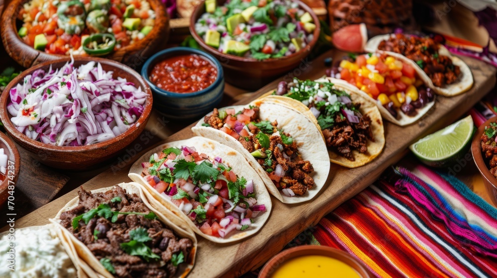 Fototapeta premium Colorful Mexican Food Spread with Tacos and Salsa