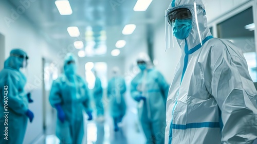 Doctors and nurses in protective suits in the hospital, selective focus 