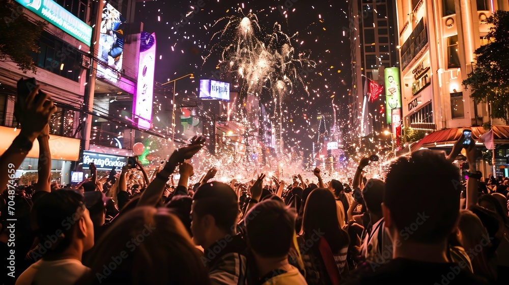 Crowd of people celebrating New Year eve in Bangkok, Thailand -