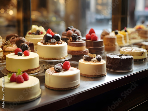 dessert in a cafe ,dessert in a restaurant , cake in bakery, dessert in bakery.