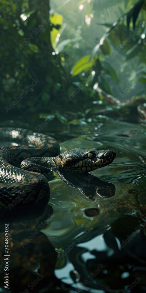 Fototapeta premium Anaconda in Rain Forest Waters, Jungle Predator and Exotic Wildlife