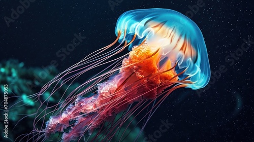 Bioluminescent Jellyfish Glowing in the Deep Sea, Ocean Wildlife and Nature