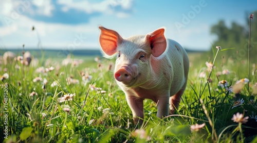 funny young pig is standing on the green grass. Happy piglet on the meadow with flowers. Nature farming background