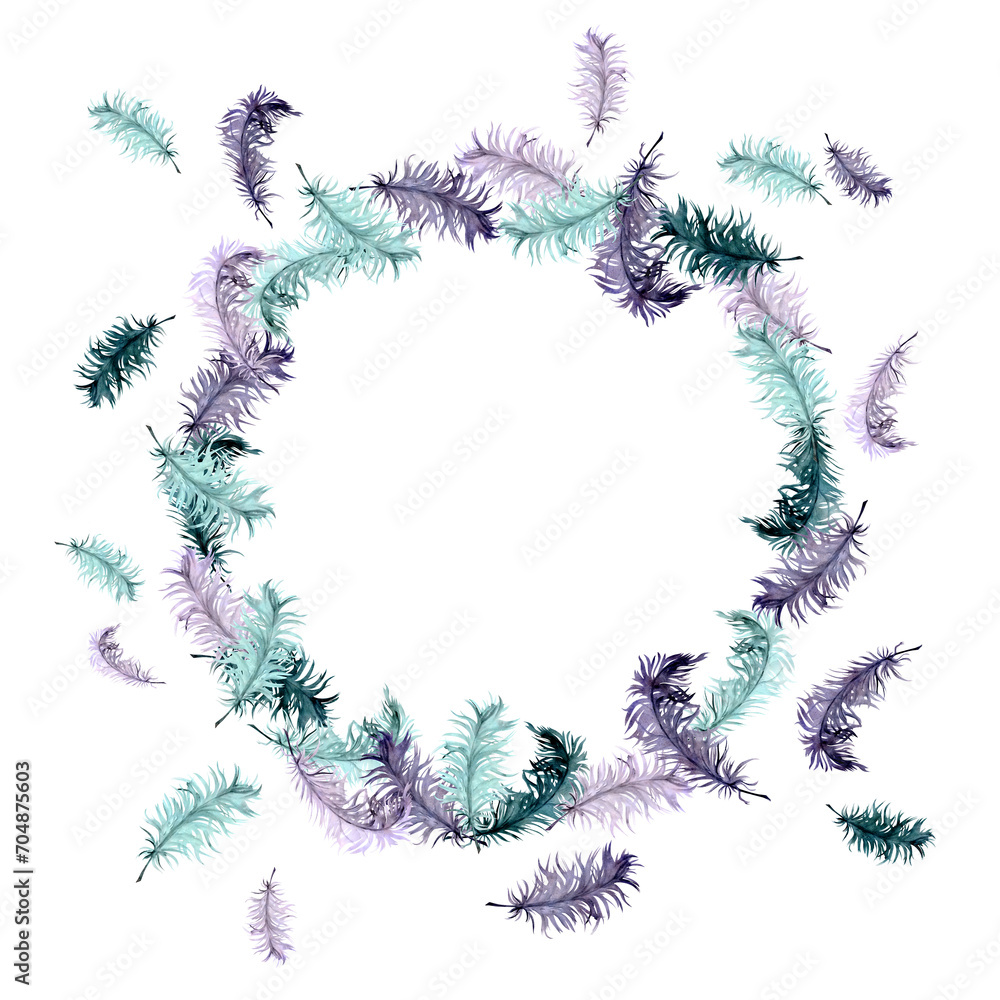 Hand drawn watercolor Mardi Gras carnival symbols. Bird feather quill plumage, emerald mint green purple violet lilac. Wreath frame isolated on white background. Design party invitation, print, shop Hand drawn watercolor Mardi Gras carnival symbols. Bird feather quill plumage, emerald mint green purple violet lilac. Wreath frame isolated on white background. Design party invitation, print, shop