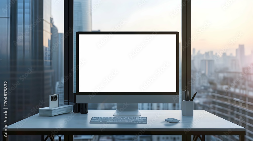 Blank computer screen in a room. City view from window Blank computer screen in a room. City view from window