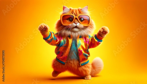 a cool cat dancing in sunglasses and colorful shirt on a orange background 