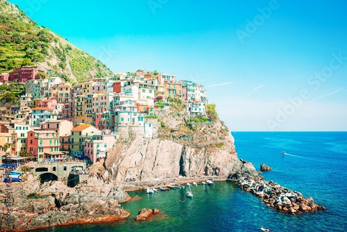 Amazing view of the beautiful village of Manarola in the Cinque Terre Reserve.
