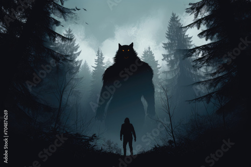 Obraz na plátně A lone werewolf silhouette against the backdrop of a haunted forest, with eerie