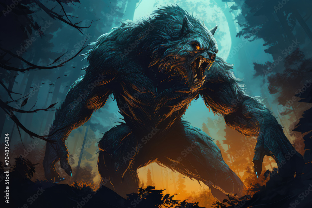 Werewolf Definition Illustration of a werewolf transformation under a full moon, with a ...