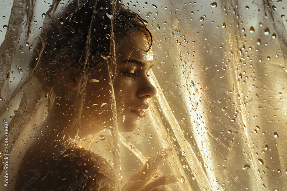 Woman behind a glass in the shower with curtain, water drops on a glass 