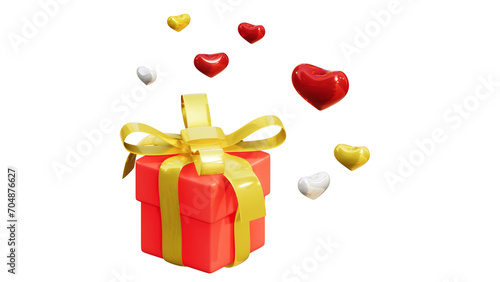 3D rendering of red gift box with gold ribbon and many hearts, Design for shopping promotion, Valentine, chinese new year
