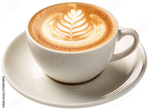 Hot coffee cup latte with Tulip shaped latte art milk foam on white saucer illustration PNG element cut out transparent isolated on white background ,PNG file ,artwork graphic design.
