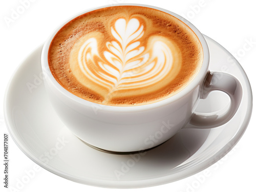 Hot coffee cup latte with Rosetta shaped latte art milk foam on white saucer illustration PNG element cut out transparent isolated on white background ,PNG file ,artwork graphic design.