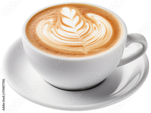 Hot coffee cup latte with Rosetta shaped latte art milk foam on white saucer illustration PNG element cut out transparent isolated on white background ,PNG file ,artwork graphic design.