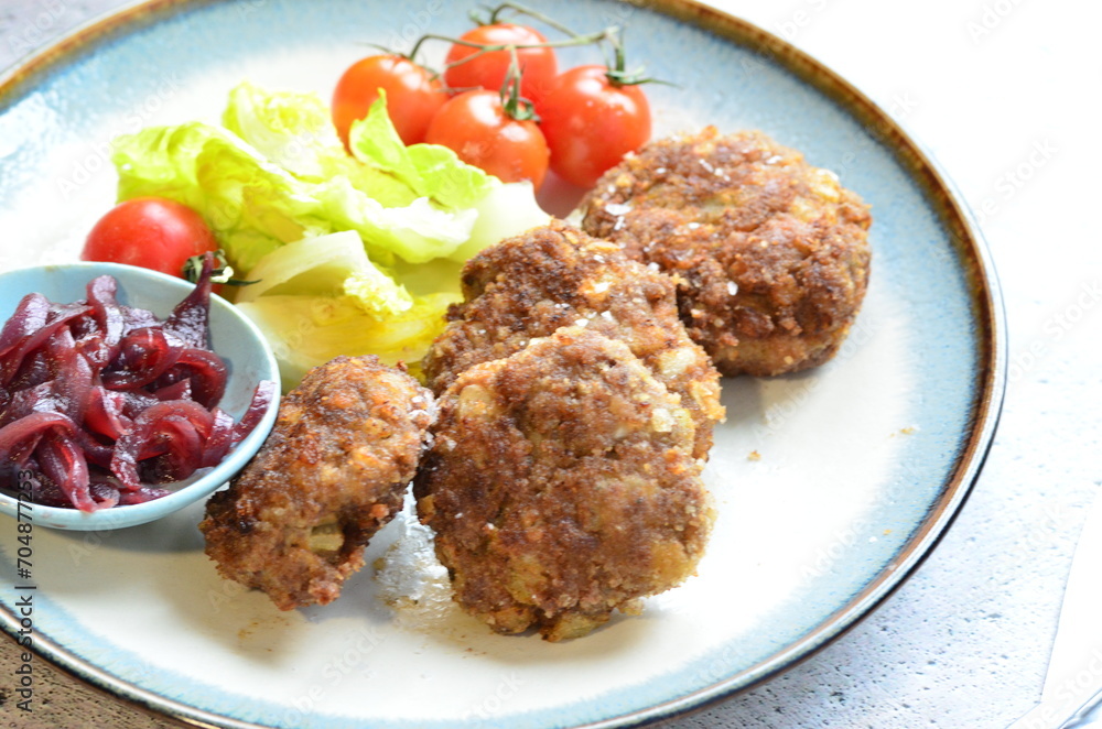 a traditional Czech dish of fried meatballs, minced meat with vegetables, a traditional Czech dish of fried meatballs, minced meat with vegetables,