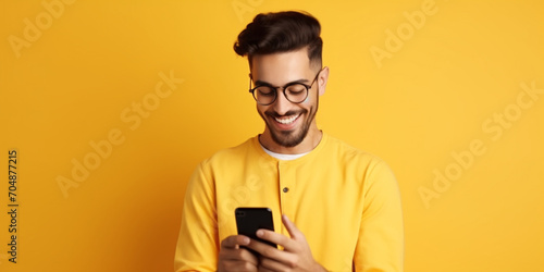 Smiling handsome young man browsing social media on mobile phone while standing on yellow background with lots of copy space on the right © jawaria
