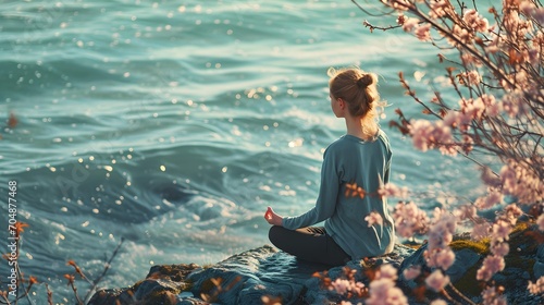 a woman who is meditating on a sea in spring