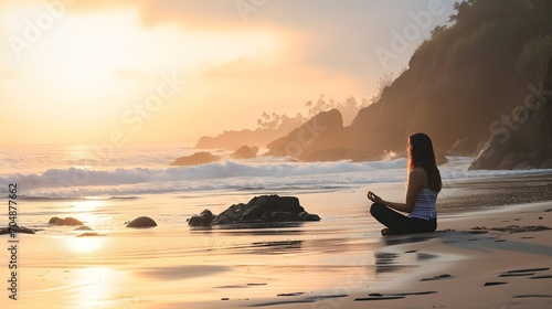 A woman meditating and expressing gratitude on a beach at sunrise