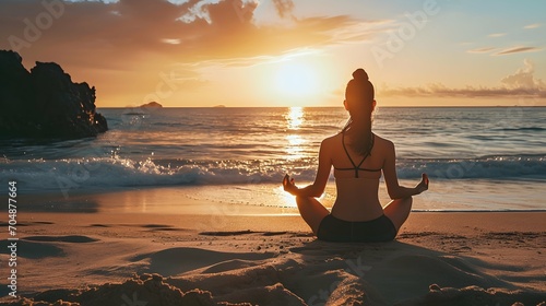 A woman meditating and expressing gratitude on a beach at sunrise © PSCL RDL