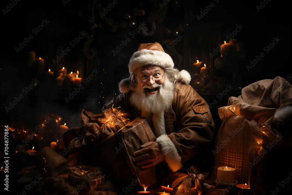 Happy Santa Claus came out of the fireplace at night with gifts. Funny and kind Santa preparing New Year's surprise for children and adults.
