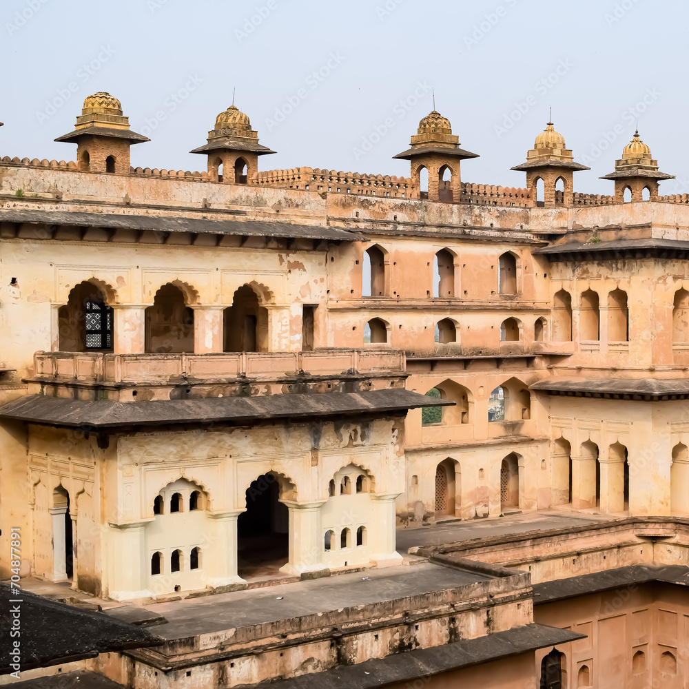 Beautiful view of Orchha Palace Fort, Raja Mahal and chaturbhuj temple from jahangir mahal, Orchha, Madhya Pradesh, Jahangir Mahal (Orchha Fort) in Orchha, Madhya Pradesh, Indian archaeological sites
