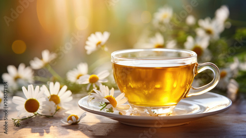 Chamomille tea with medical daisy flowers, transparent cup on table in morning light