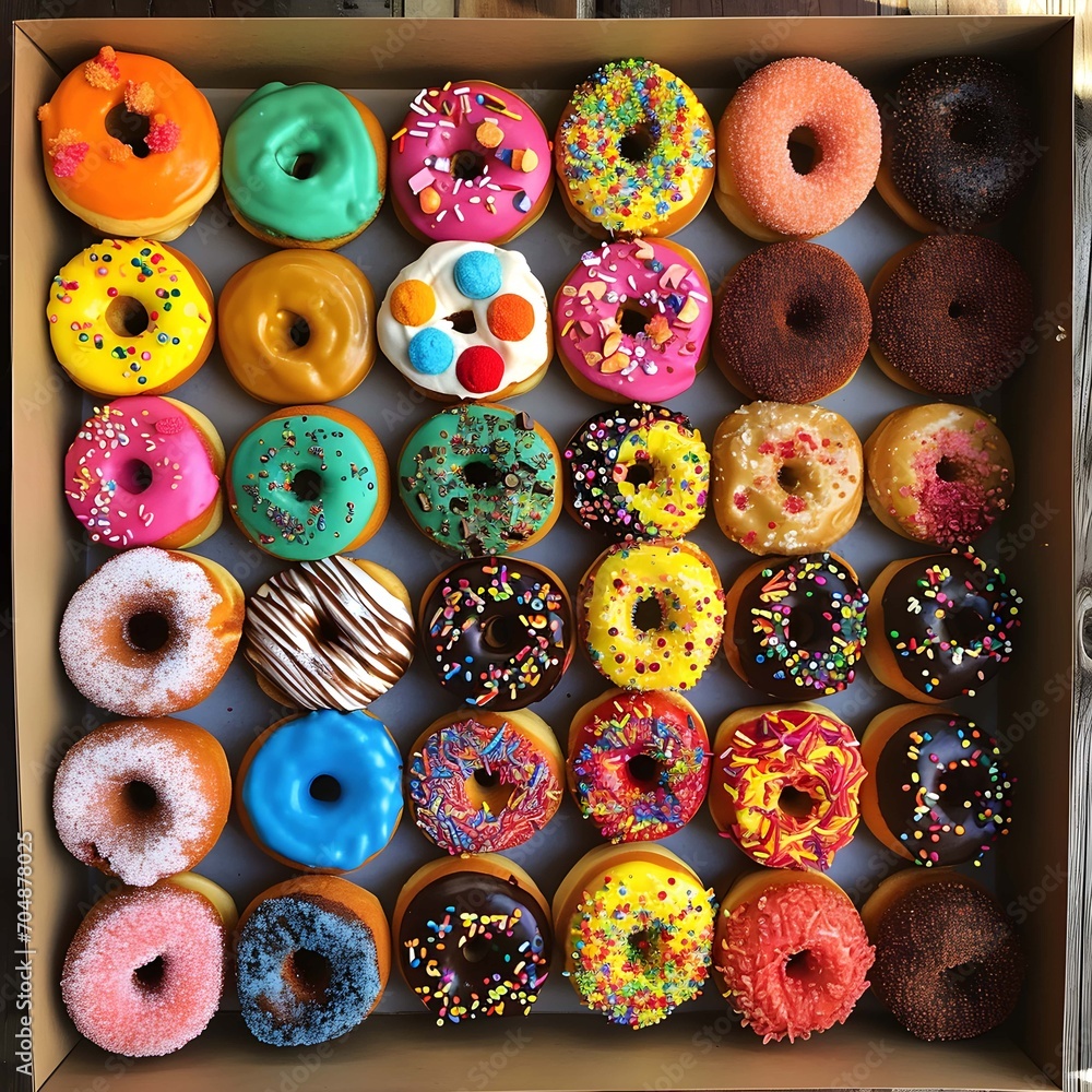 A box filled with lots of colorful donuts on the table. A box filled with lots of colorful donuts on the table.