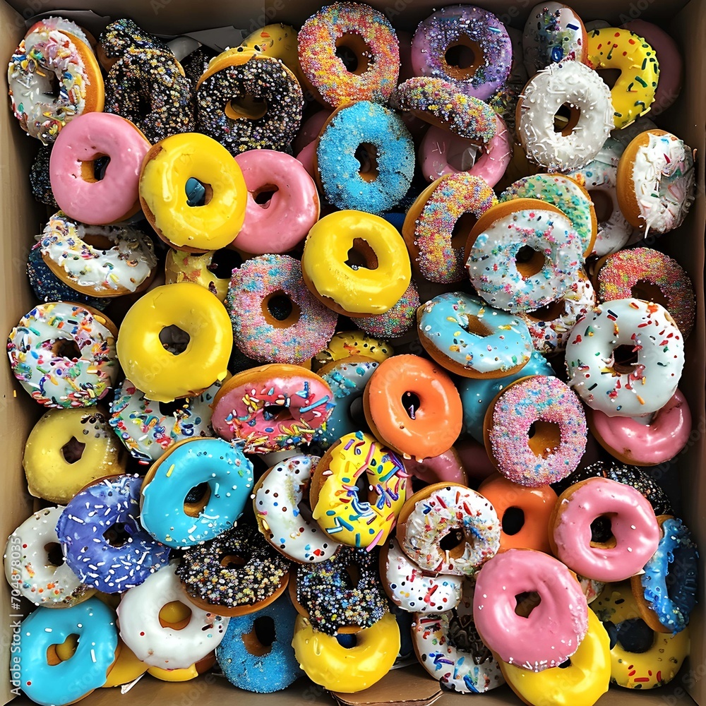 A box filled with lots of colorful donuts on the table. A box filled with lots of colorful donuts on the table.