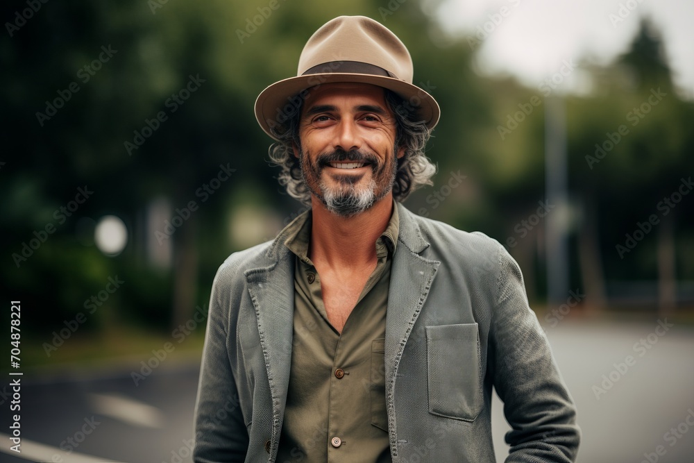 Handsome middle-aged man in a hat on the street