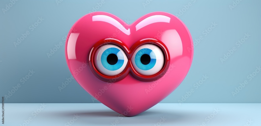 cute heart on a one tone background with emotion. Cartoon Heart with big realistic eyes. Pink shades