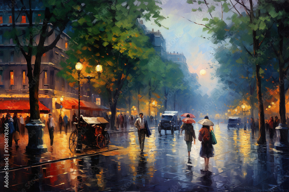 A painting of people walking in the rain created with generative AI ...