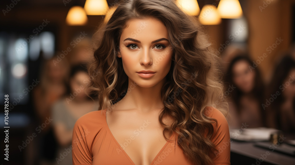 Close-up beauty photo of a young, different woman wearing bold while she stands on beige and displays her flawless weist. On a background of multicultural girls modeling in clothes and tops. Lotion fo Close-up beauty photo of a young, different woman wearing bold while she stands on beige and displays her flawless weist. On a background of multicultural girls modeling in clothes and tops. Lotion fo