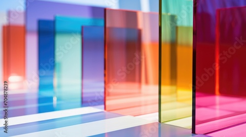 Low-e glass with energy efficient property. Colored laminated material samples standing photo