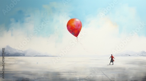 A colorful balloon caught mid-flight, its vibrant shade standing out against the crispness of a blank white canvas.