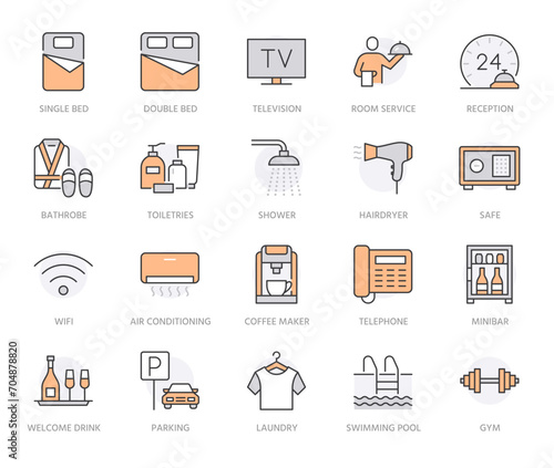 Hotel room facilities flat line icons set. Double bed, reception, room service, bathrobe, slippers, safe, minibar vector illustrations. Outline signs for motel. Orange Color. Editable Strokes
