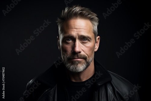 Portrait of a handsome mature man in a leather jacket on a dark background.