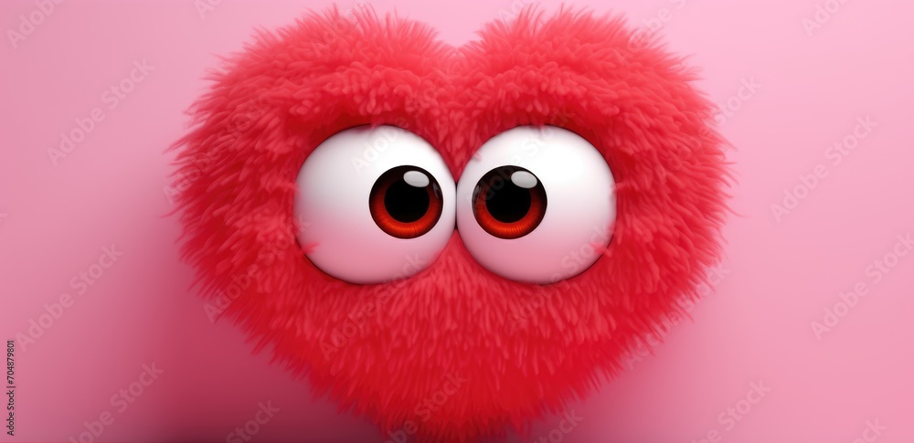 cute fuzzy furry heart on a monochrome background with emotion. Cartoon Heart with big realistic eyes. Pink shades