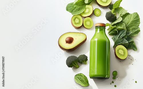 Green smoothie bottle with fruits and vehetables ingredients on white background with copy space