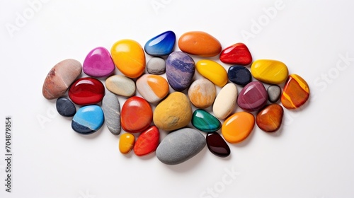 a isolated rainbow-colored rocks on a white background, highlighting the smooth surfaces and rich palette of colors in this visually appealing arrangement.