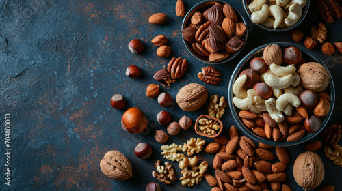 Top view flat lay of various kinds of nuts on the table with copy space. Food ingredient background concept.