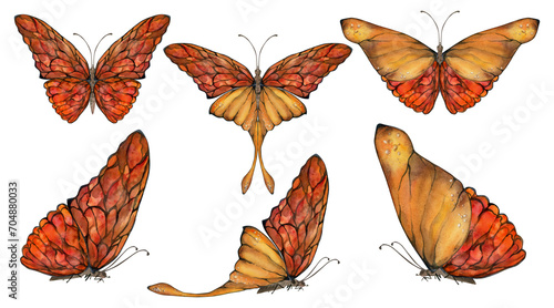 Hand drawn watercolor illustration butterfly fairy wings gem crystal insect moth. Amber garnet sunstone agate ruby. Set of objects isolated on white background. Design print, shop, wedding, birthday photo