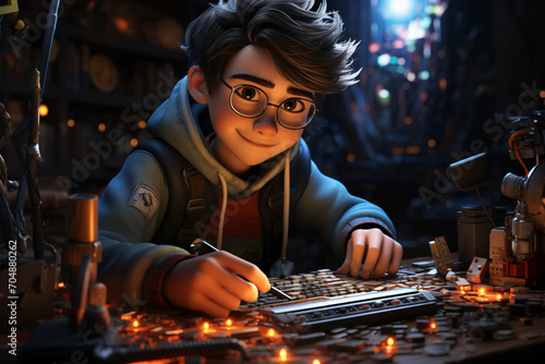 Robotics Engineer 3d Pixar Style render Boy Character illustration of occupation with relevant environment