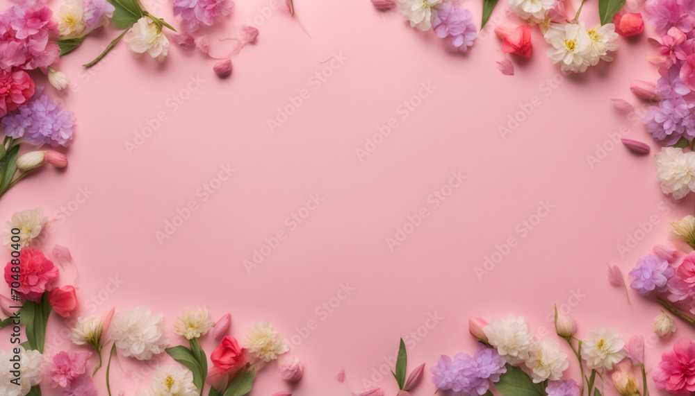 Spring flowers on pink paper flat lay. Copy space Spring flowers on pink paper flat lay. Copy space